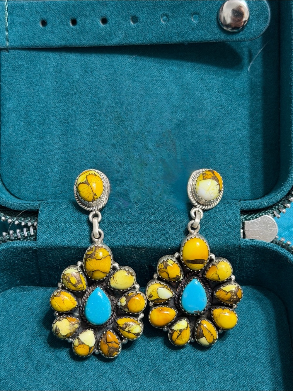 Kingman Turquoise and Honey Dahlia SunFlower Cluster Earrings - Women Jewelry